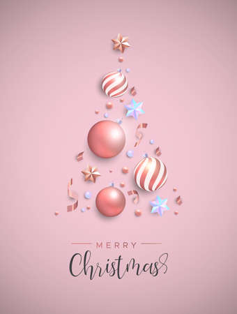 Merry Christmas card. Pink xmas bauble ornaments, iridescent stars and confetti making pine tree shape. Luxury holiday layout for invitation or seasons greeting.