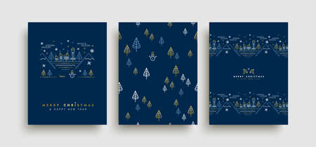 Merry Christmas Happy New Year gold greeting card and seamless pattern set in outline style, festive city illustration with golden elements, houses, snow xmas decoration.のイラスト素材