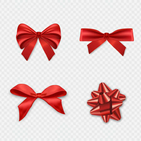 Red Christmas ribbon bow collection, realistic holiday gift box fabric wrapping on isolated background.
のイラスト素材