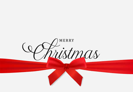 Merry Christmas card, realistic red ribbon on white background. Winter holiday design for party invitation or seasons greeting.のイラスト素材