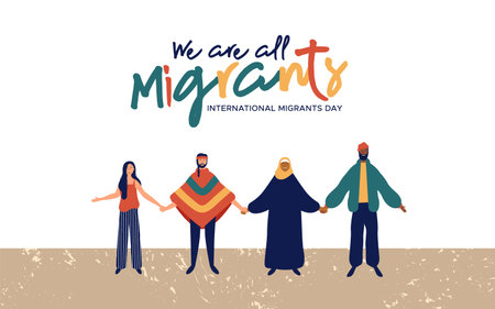 International Migrants Day background illustration, diverse people group from different cultures...