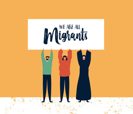 International Migrants Day background illustration, diverse people group from different cultures...