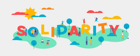 Solidarity Day banner illustration for equality and community help concept. Diverse people doing fun outdoor activities in the park together.のイラスト素材
