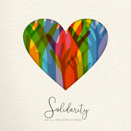 International Human Solidarity Day illustration. Paper cut  heart shape and colorful hands from...