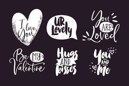 Valentines Day calligraphy text quote collection. Set of hand drawn black and white doodle typography with cute love messages on isolated background.のイラスト素材