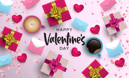 Happy Valentines Day card illustration. Realistic 3d element layout in pink colors: gift box, heart shape, coffee cup, flower petal and more from top view angle.のイラスト素材