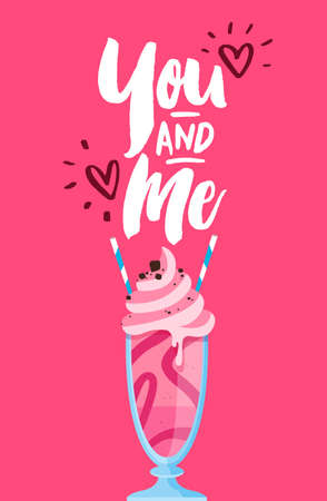 Valentines Day greeting card illustration of pink strawberry ice cream milkshake with two straws for romantic date concept.のイラスト素材