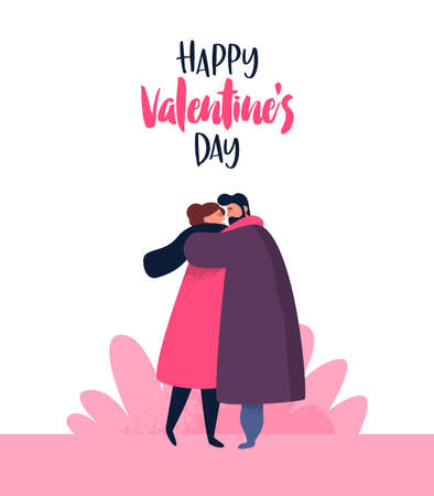 Happy Valentines Day character cartoon illustration. Young couple hugging for romantic date concept. Boyfriend and girlfriend in love with holiday text quote.のイラスト素材