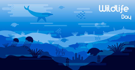 Wildlife Day illustration of ocean water animals and fish in coral reef for sea conservation awareness. Includes dolphin, shark, turtles and underwater life scene.のイラスト素材