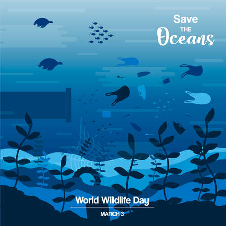 Wildlife Day illustration of ocean water animals and fish swimming with plastic waste. Save the oceans concept, underwater conservation awareness.のイラスト素材