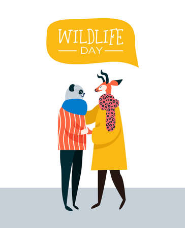 Save the animales wildlife day web banner illustration. Happy animal friends as people hugging together. Help and wild life conservation awareness concept idea.のイラスト素材
