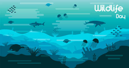 Wildlife Day illustration of ocean water animals and fish in coral reef for sea conservation awareness. Includes dolphin, shark, turtles.のイラスト素材