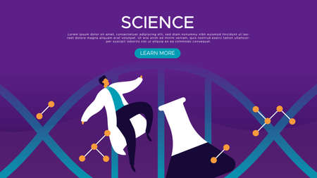 Science web landing page template with scientist man and chemistry flask in modern flat cartoon style for scientific education concept.のイラスト素材