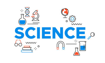 Science Day card illustration. Outline icons in blue color for scientific research celebration. Includes microscope, chemistry flask and education tools.のイラスト素材