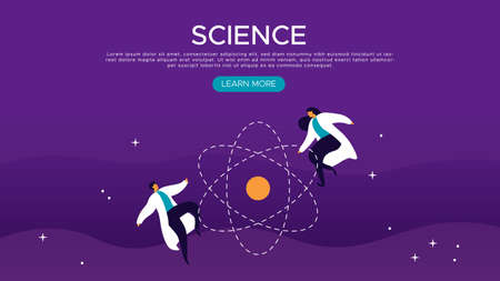 Science web landing page template with scientist man and woman in space. Modern flat cartoon style for scientific education concept.のイラスト素材