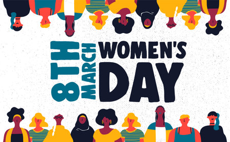 Happy womens day illustration for March 8th. Diverse colorful woman group together on equal rights...
