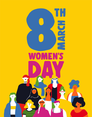 Happy womens day illustration for March 8th. Diverse colorful woman group together on equal rights...