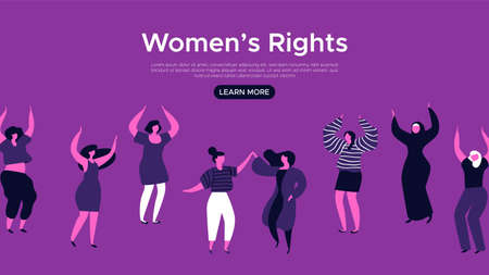 Womens Rights landing web page template. Happy dancing woman group illustration for internet site background, female community support concept.のイラスト素材