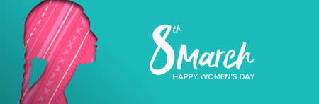Happy Womens Day web banner illustration. Paper cut indian girl silhouette cutout with hair braids and traditional decoration, ethnic woman for female rights worldwide. のイラスト素材