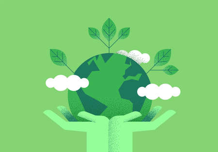 Human hands holding planet earth with green leaves for eco friendly concept. Environment care or nature help illustration.のイラスト素材