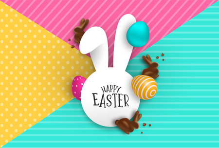 Happy Easter greeting card illustration: rabbit ear sign with text quote, colorful 3d eggs and...
