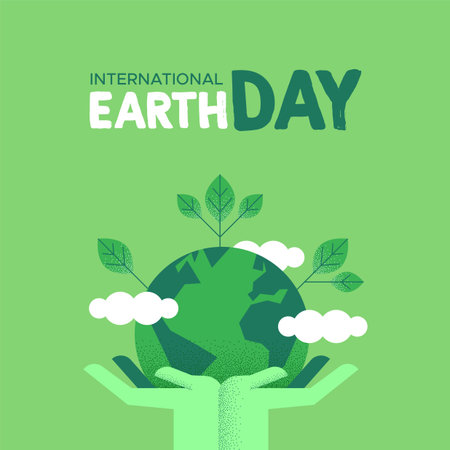International Earth Day illustration of green human hands holding planet with leaves. Social...
