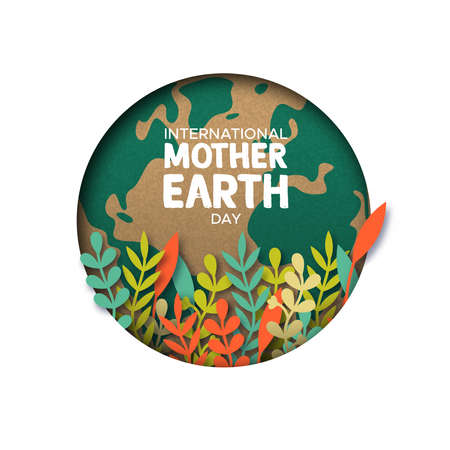 International Mother Earth Day papercut illustration. Colorful leaves inside world map cutout in recycled paper.のイラスト素材
