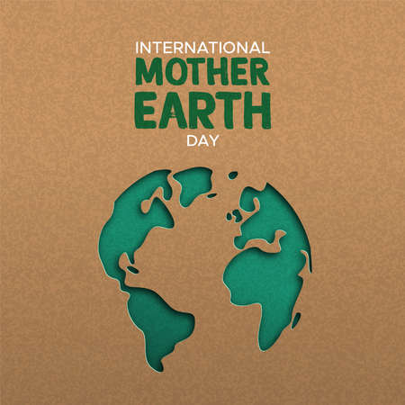 International Mother Earth Day illustration of green papercut world map. Recycled paper cutout for planet conservation awareness.