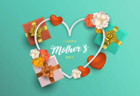 Happy Mothers Day greeting card illustration of gifts for mom, heart frame and colorful flower decoration.のイラスト素材