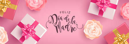 Mothers Day web banner illustration in spanish language. Realistic spring flowers and gift boxes with calligraphy text quote on pink background.のイラスト素材