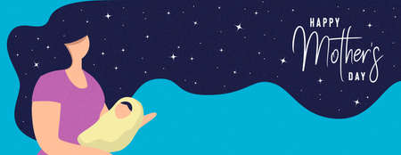 Happy Mothers Day banner illustration. Woman with long hair holding baby for motherhood concept or mother love.のイラスト素材