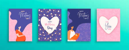 Happy Mothers Day greeting card collection. Illustration set of pregnant woman and mom with long hair for motherhood concept or mother love.のイラスト素材