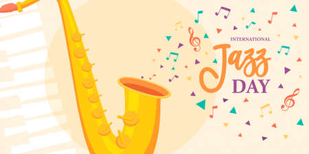 International Jazz Day illustration of saxophone and colorful music notes for concert or festival event celebration.のイラスト素材