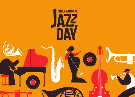 International Jazz Day poster illustration of retro style music instruments and band people for musical concert or festival event.のイラスト素材