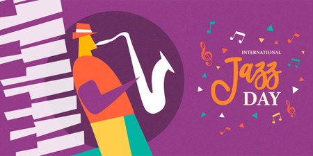 International Jazz Day poster illustration of man playing saxophone musical instrument in concert or festival event.のイラスト素材