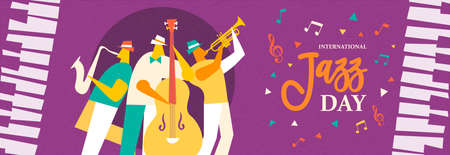 International Jazz Day banner illustration of live music band playing diverse musical instrument in concert or festival event.のイラスト素材