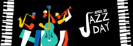 Jazz Day banner illustration for music celebration event. Live band playing saxophone, trumpet and double bass with piano keys.のイラスト素材