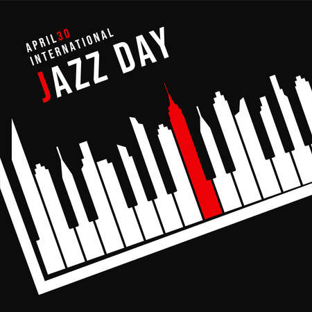 International Jazz Day concept illustration for music celebration event. Piano keys as city skyline silhouette at night.のイラスト素材