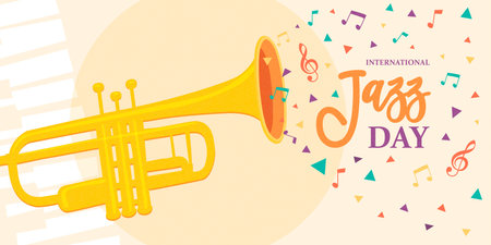 International Jazz Day illustration of trumpet and colorful music notes for concert or festival event celebration.のイラスト素材
