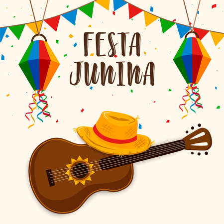 Happy Festa Junina greeting card illustration for traditional brazilian festival celebration. Colorful guitar and straw hat with text quote.のイラスト素材