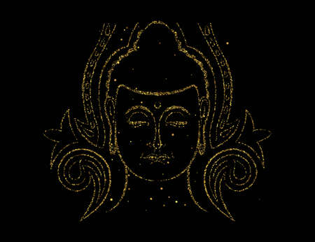 Buddha face in gold color on isolated black background. Golden glitter buddhist religion art for zen concept or asian culture event.のイラスト素材