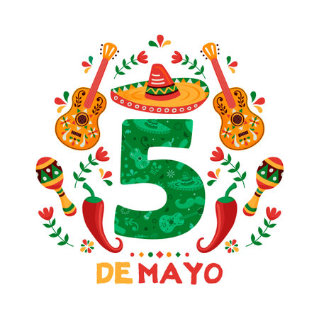 Cinco de Mayo greeting card for Mexican independence celebration. Number 5 sign with traditional...