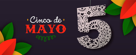 Cinco de Mayo web banner papercut illustration for mexico celebration holiday. Number 5 made of traditional mexican flower paper cut with typography quote.のイラスト素材