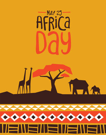 Africa Day greeting card illustration with traditional african style art decoration and wild animals.のイラスト素材