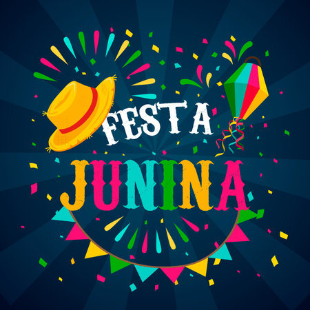 Happy Festa Junina greeting card illustration of colorful paper balloons and straw hat for brazilian...