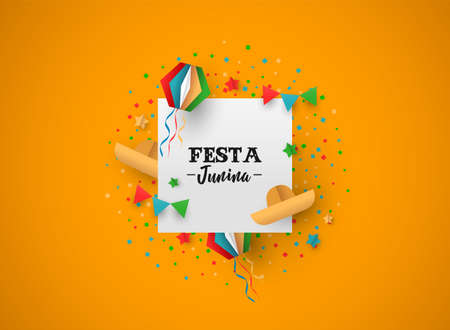 Happy Festa Junina holiday illustration. Colorful brazil carnival decoration in paper craft style with festive text sign.のイラスト素材
