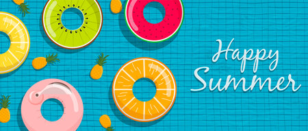 Happy Summer web banner illustration of fun life savers and pineapple fruits floating on pool water...