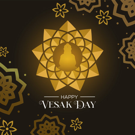 Happy Vesak Day illustration for hindu holiday celebration. Gold buddha lotus flower and floral decoration background.のイラスト素材