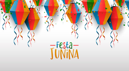 Happy Festa Junina greeting card illustration. Traditional brazil party decoration of colorful paper...
