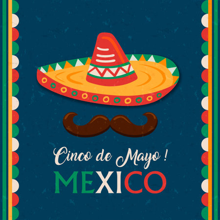 Cinco de Mayo greeting card for Mexican independence celebration. Traditional mexico mariachi hat...
